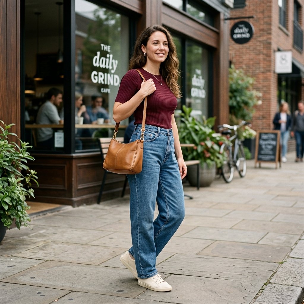 Burgundy Ribbed Top + Vintage Blue Baggy Jeans + Cream Sneakers