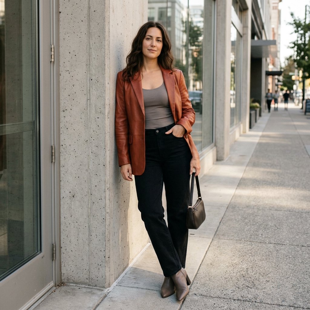 Burnt Sienna Leather Blazer + Black Relaxed Jeans