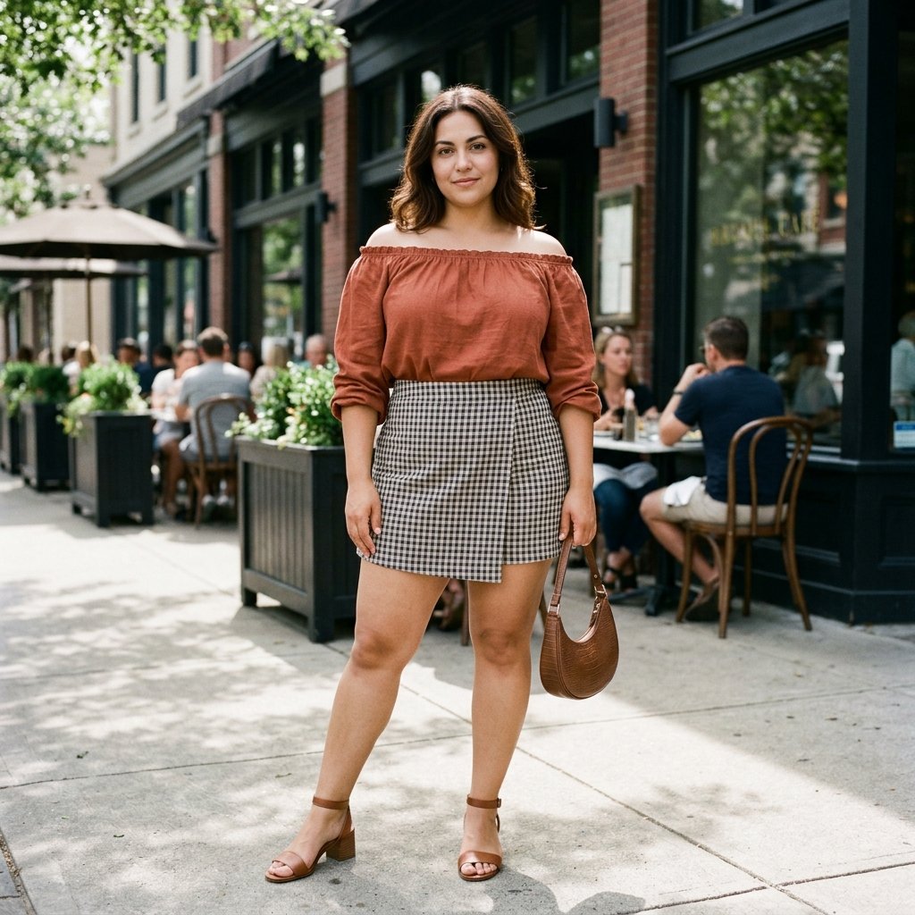 Burnt Sienna Off-Shoulder Top With a Checkered Skort