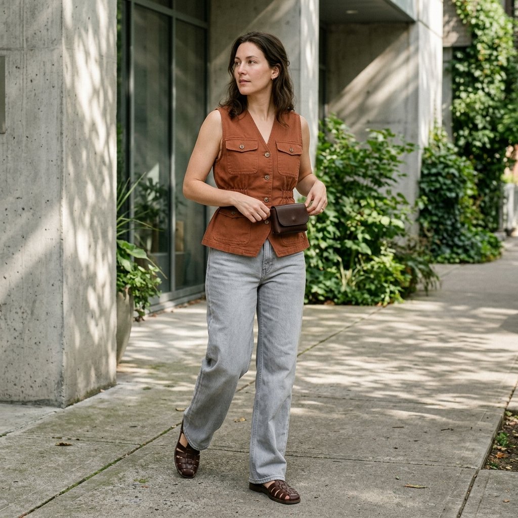 Burnt Sienna Utility Vest With Cloud Gray Jeans