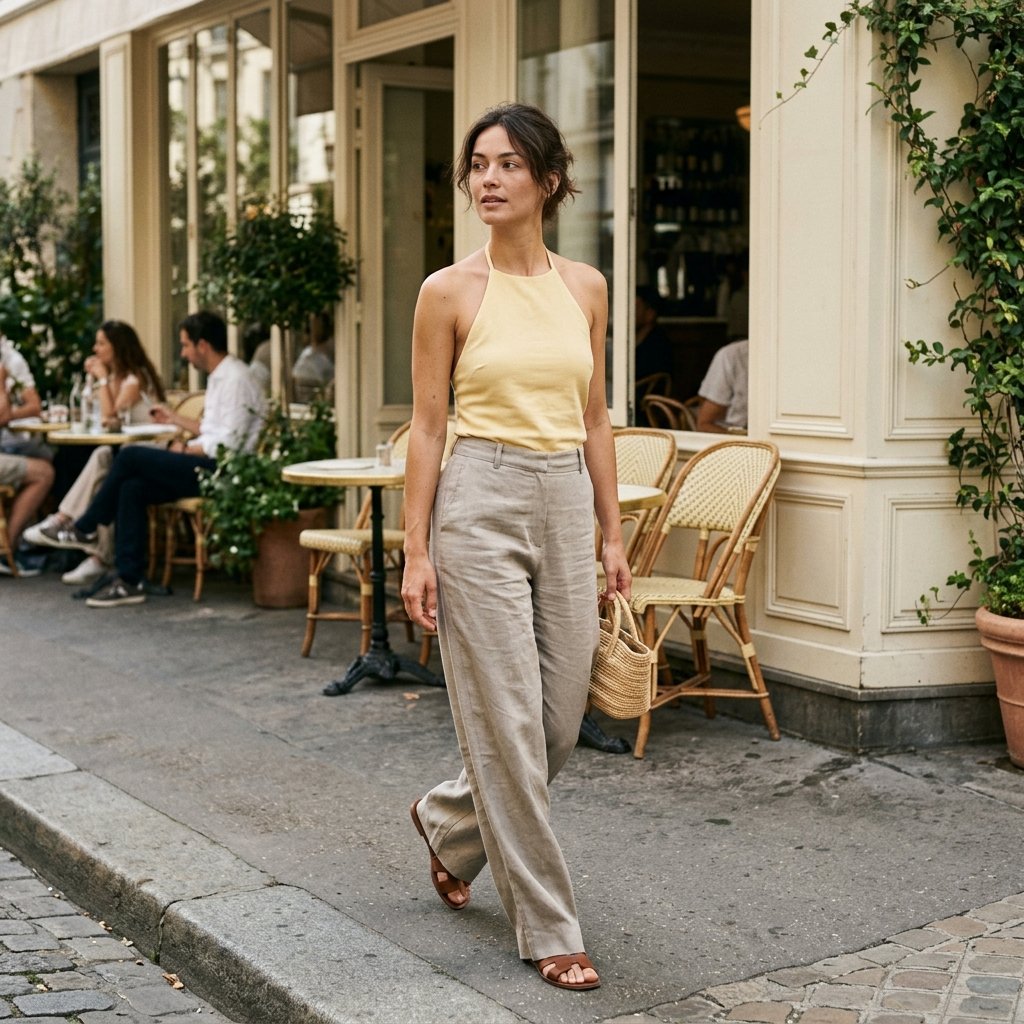 Butter Yellow Halter With Stone Linen Pants