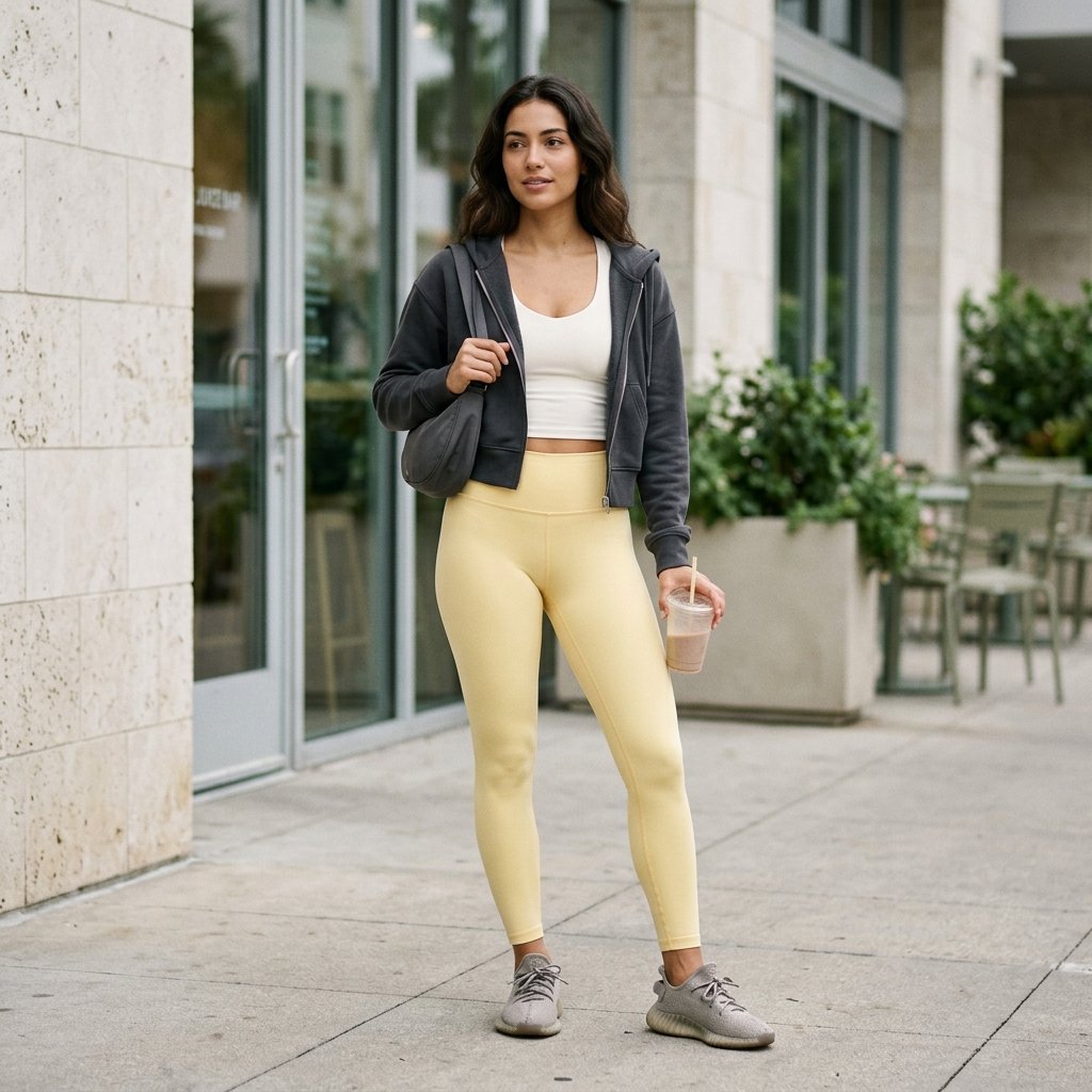 Butter Yellow Leggings With a Graphite Cropped Hoodie