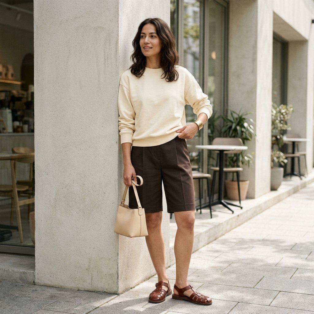 Buttercream Sweatshirt + Espresso Bermuda Shorts + Fisherman Sandals