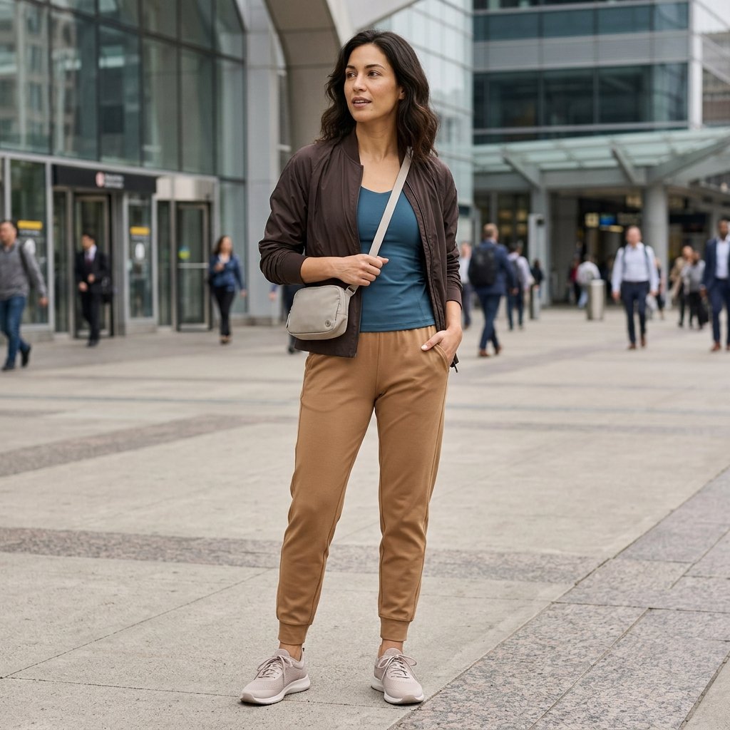 Camel Joggers With a Petrol Blue Racerback Top