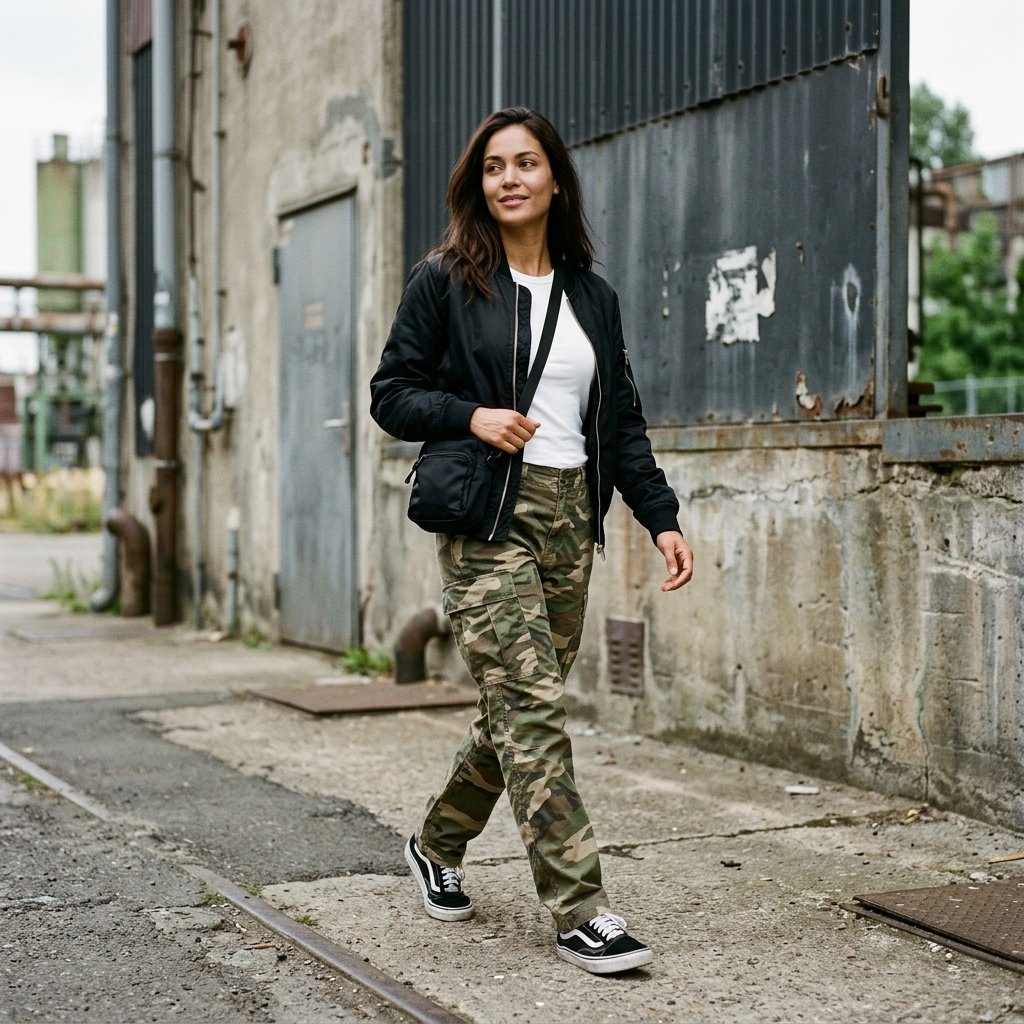 Camo Cargo Pants + White Fitted Tee + Black Bomber