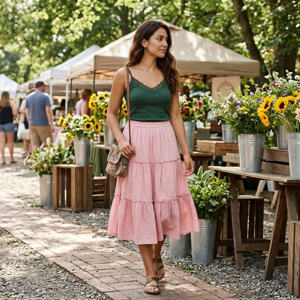 Carnation Pink Tiered Skirt with Forest Green Lace-Trim Camisole