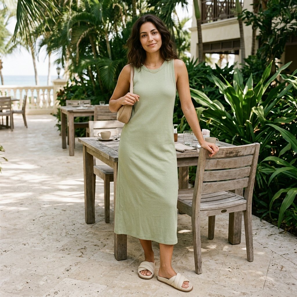 Casual Resort Breakfast Outfit With a Ribbed Midi Dress