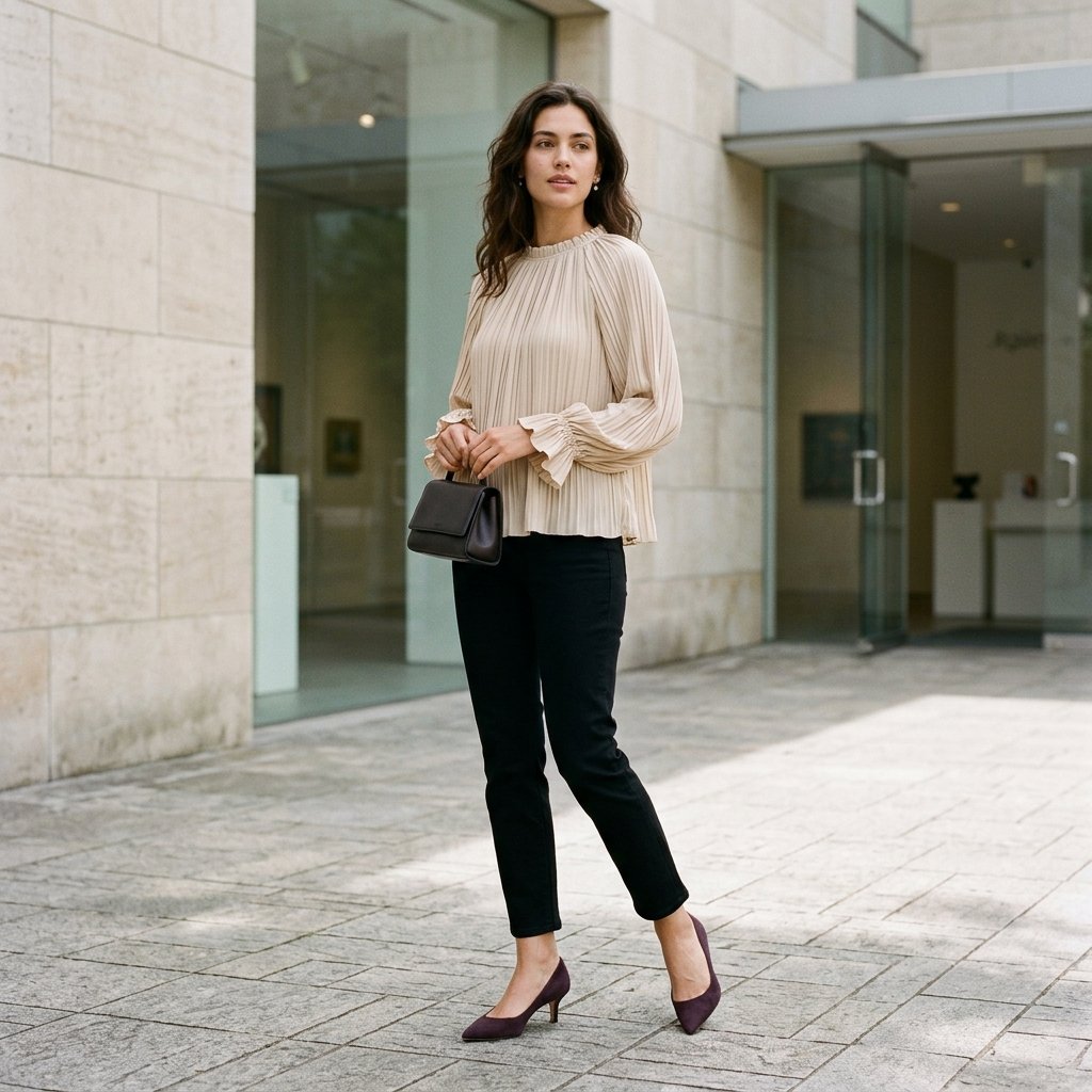 Champagne Pleated Blouse + Black Cigarette Jeans