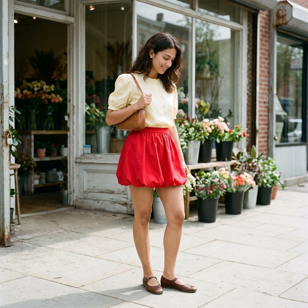 Cherry Red Bubble Skirt with a Butter Yellow Blouse