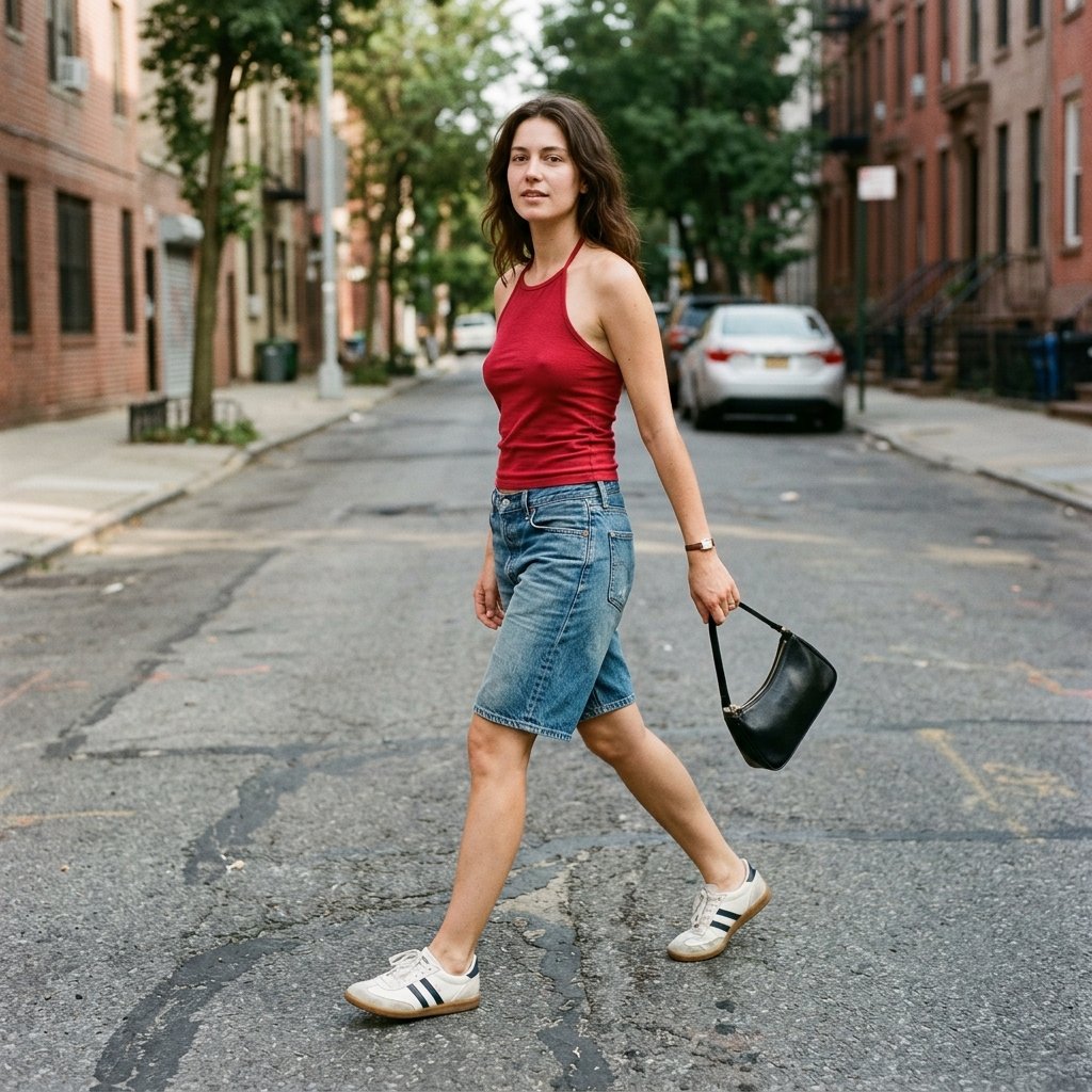 Cherry Red Halter With Faded Bermuda Shorts