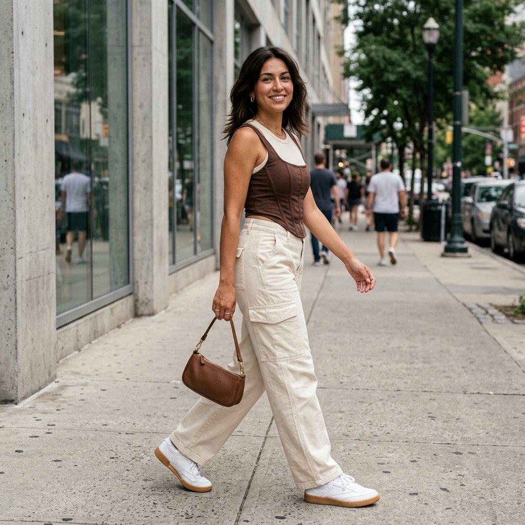 Chocolate Corset Top + Cream Cargo Pants + Retro Sneakers