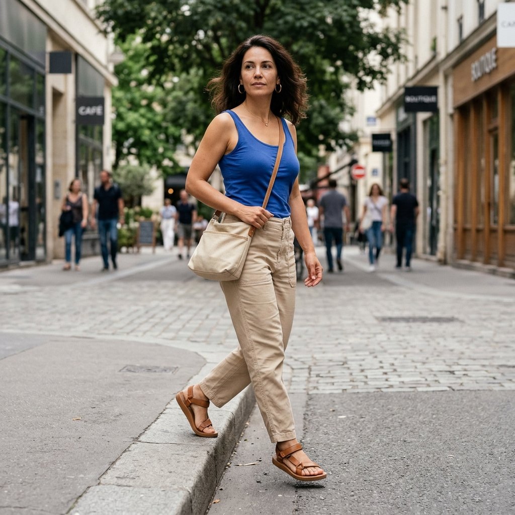 Cobalt Blue Cami + Sand Utility Pants + Caramel Sport Sandals