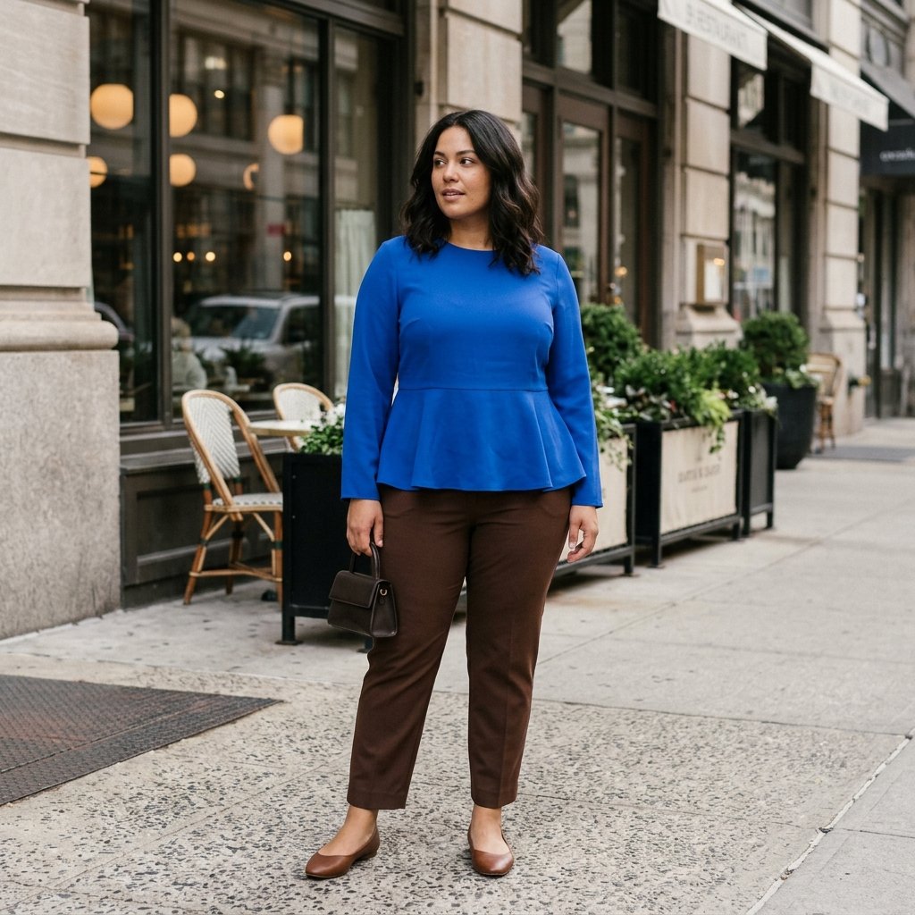 Cobalt Peplum Top With Chocolate Cigarette Pants