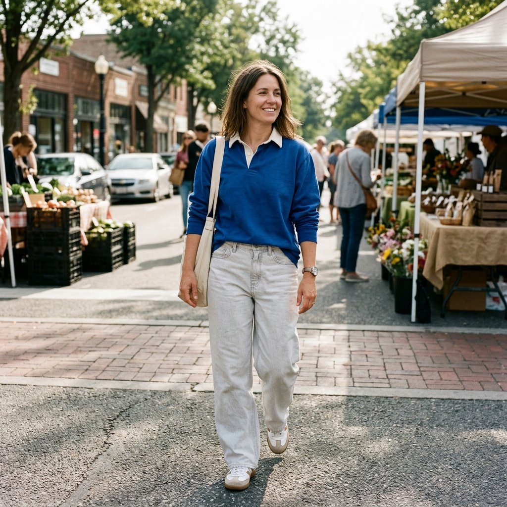 Cobalt Rugby Shirt With Washed Stone Wide Leg Jeans