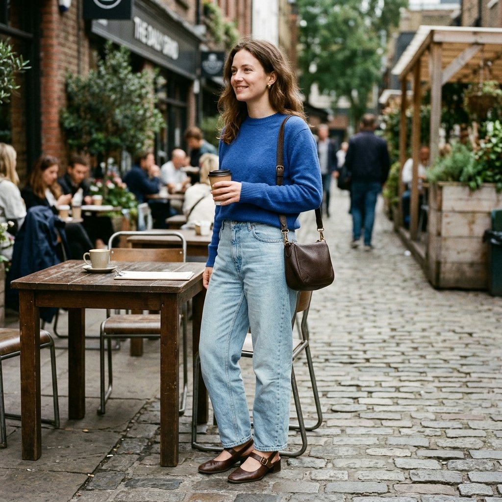 Cobalt Sweater + Pale Baggy Jeans + Espresso Slingbacks