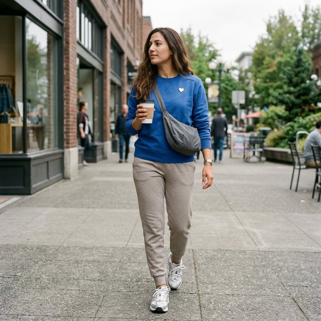 Cobalt Sweatshirt, Pebble Joggers, and Mini Heart Brooch