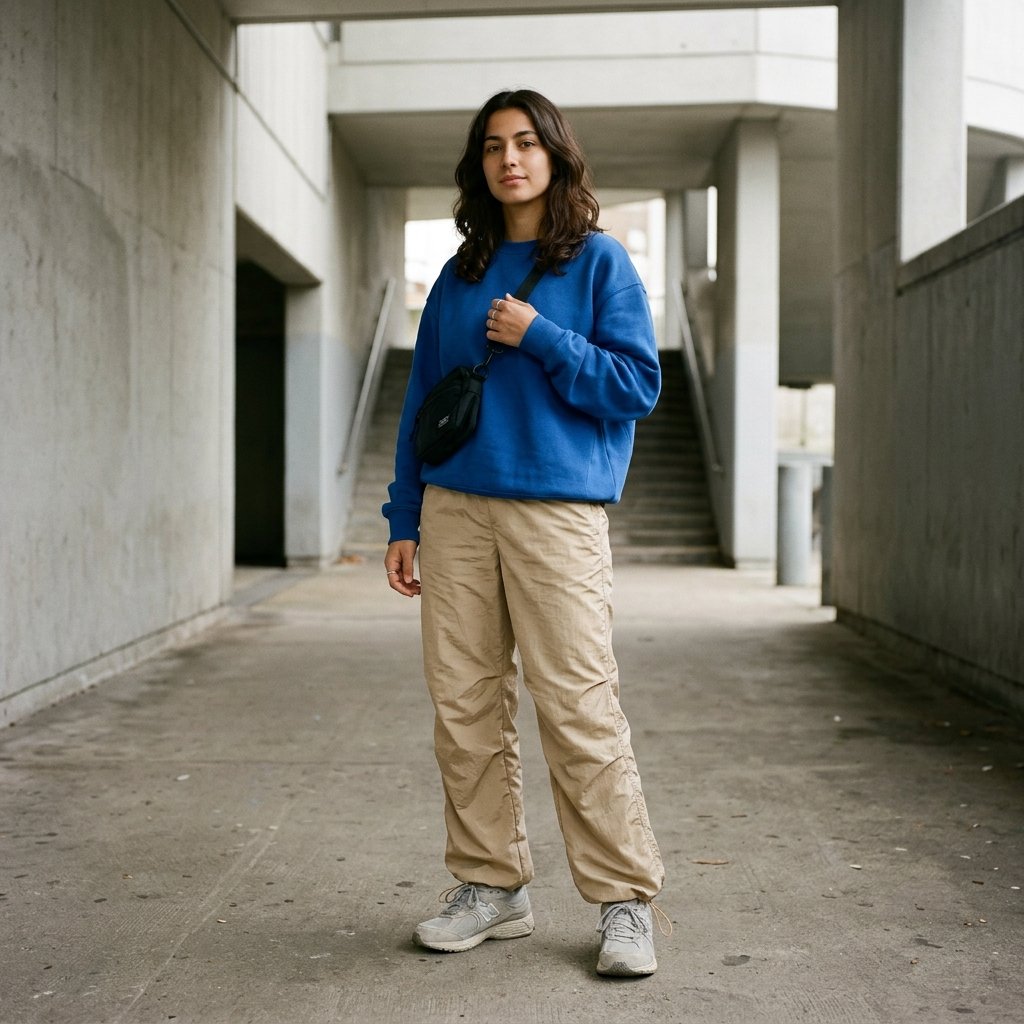 Cobalt Sweatshirt + Sandstone Parachute Pants + Mesh Sneakers