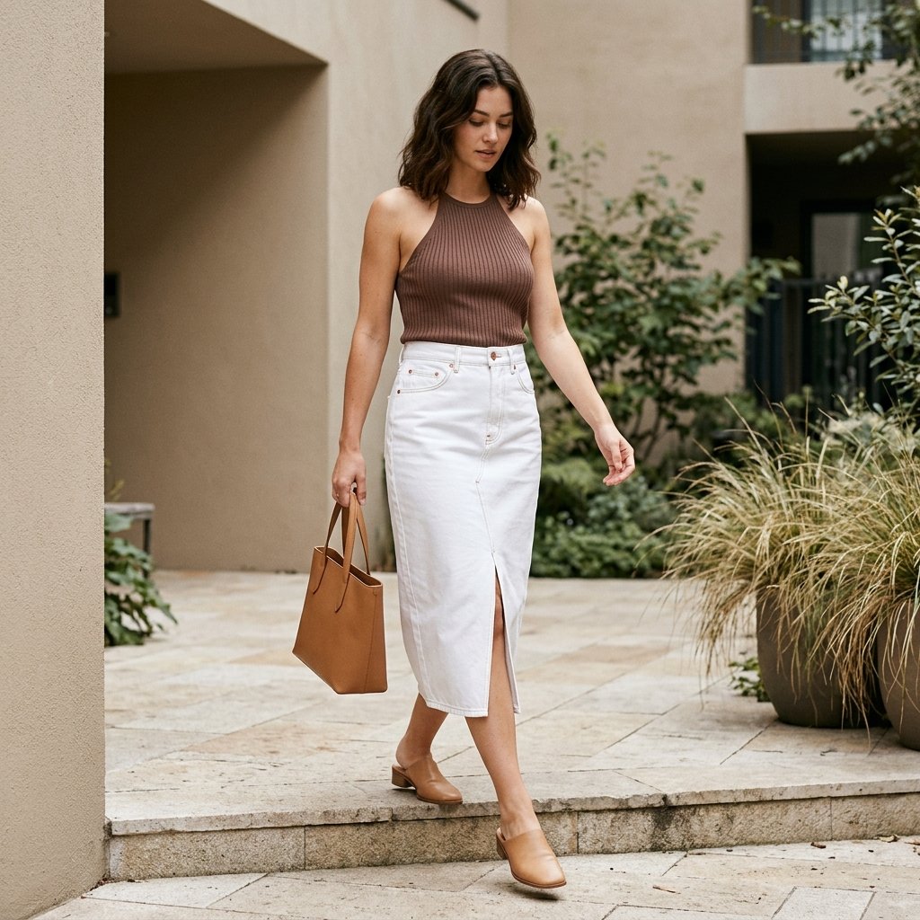 Cocoa Knit Halter With White Denim Midi Skirt