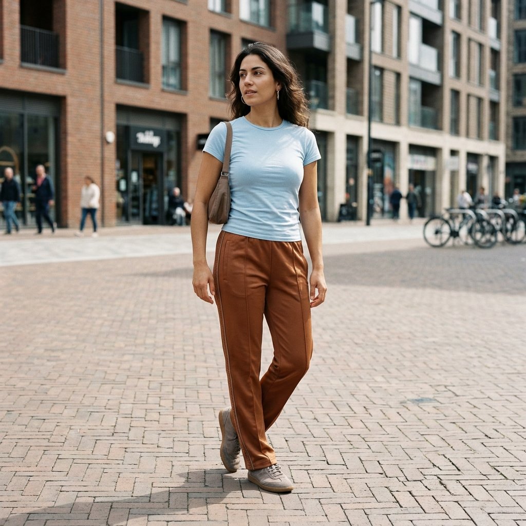 Copper Brown Track Pants With an Ice Blue Fitted Tee