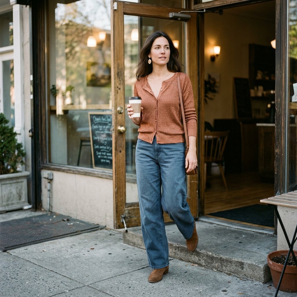 Copper Metallic Cardigan With Smoky Blue Jeans