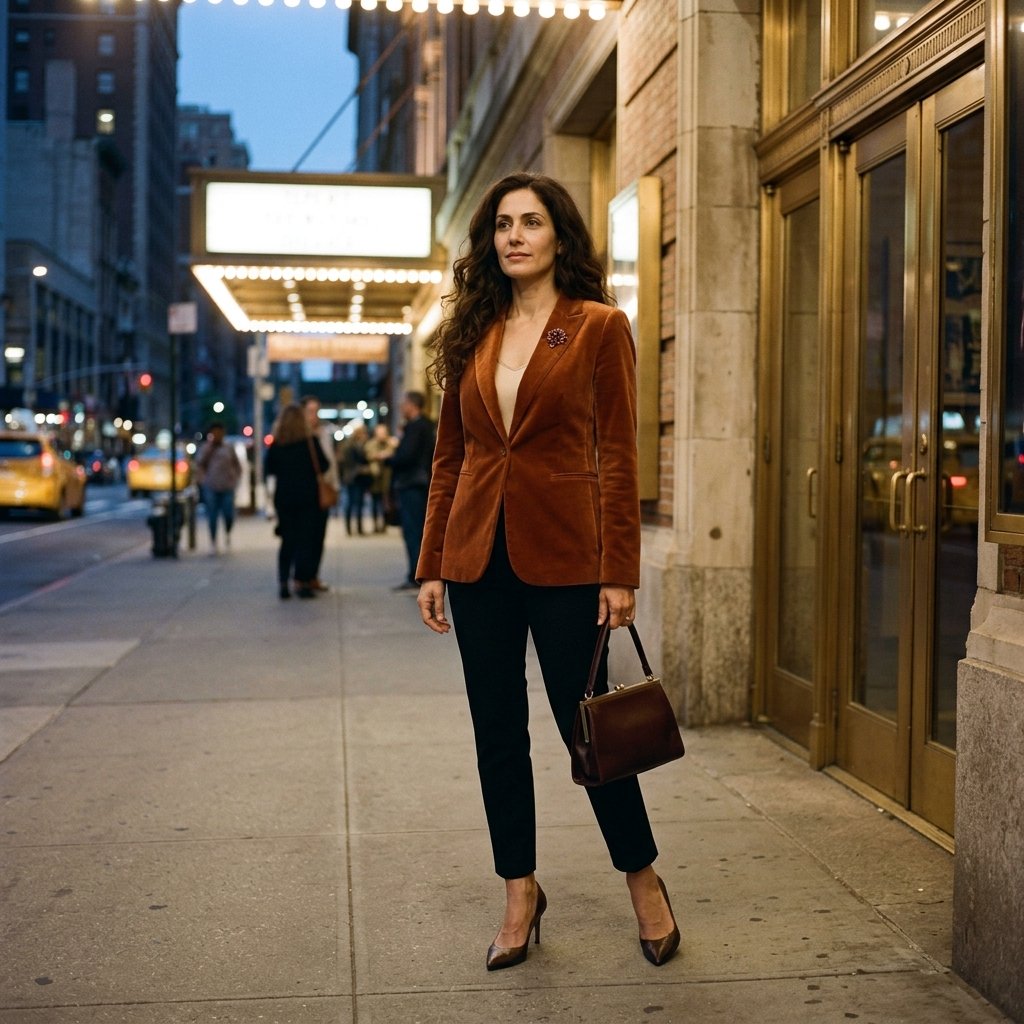 Copper Velvet Jacket, Onyx Pants, and Garnet Brooch