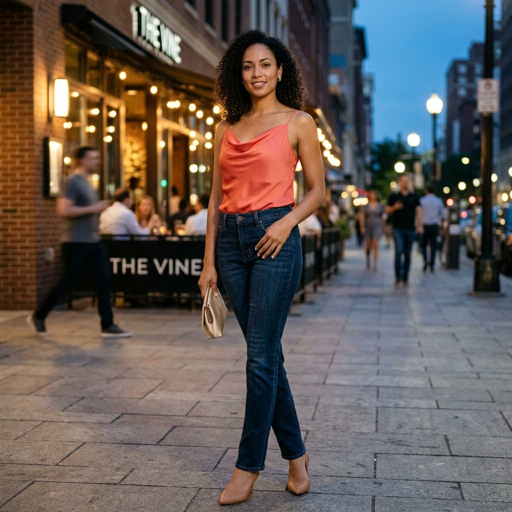 Coral Cowl-Neck Cami + Indigo Straight Jeans + Almond Kitten Heels
