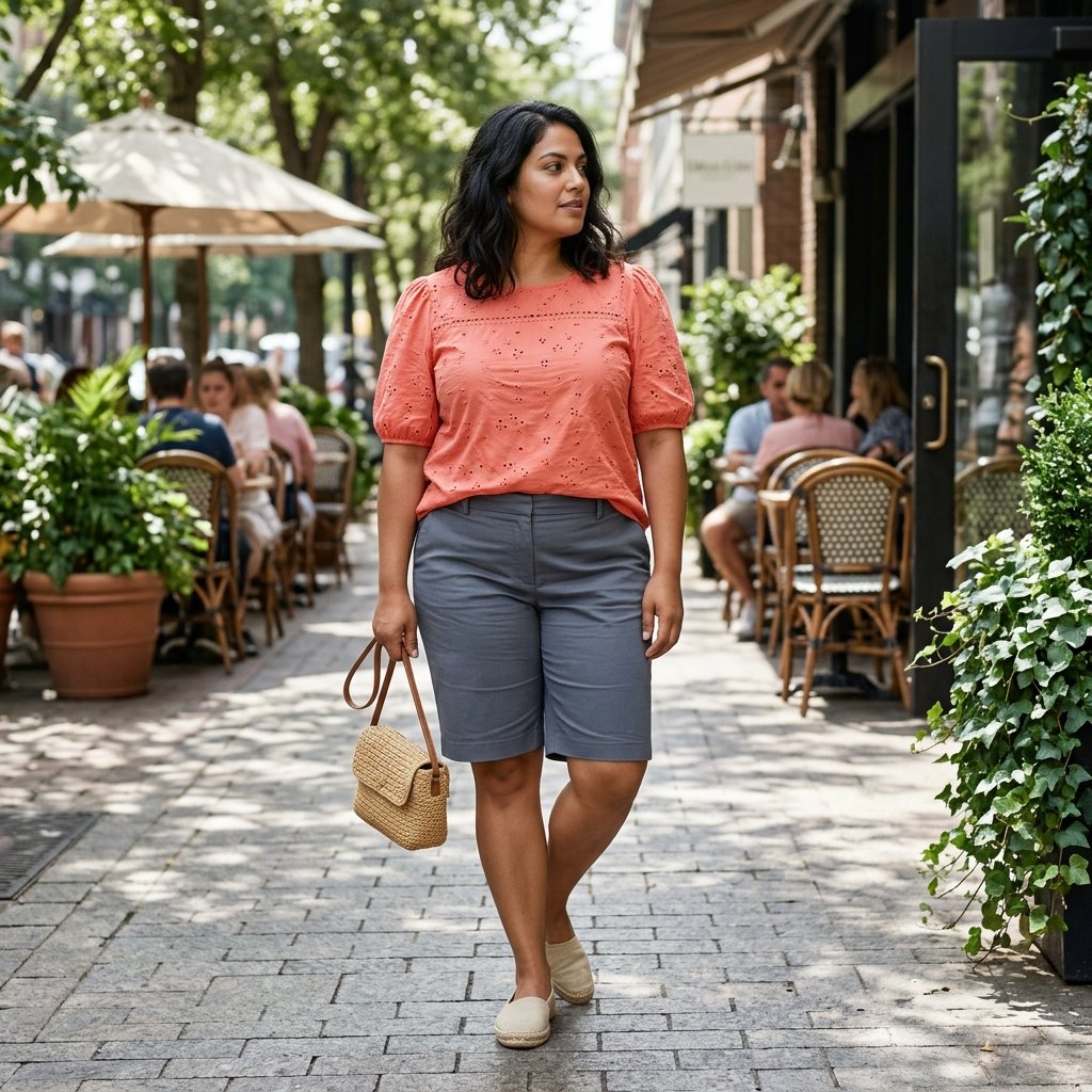 Coral Eyelet Blouse With Slate Bermuda Shorts