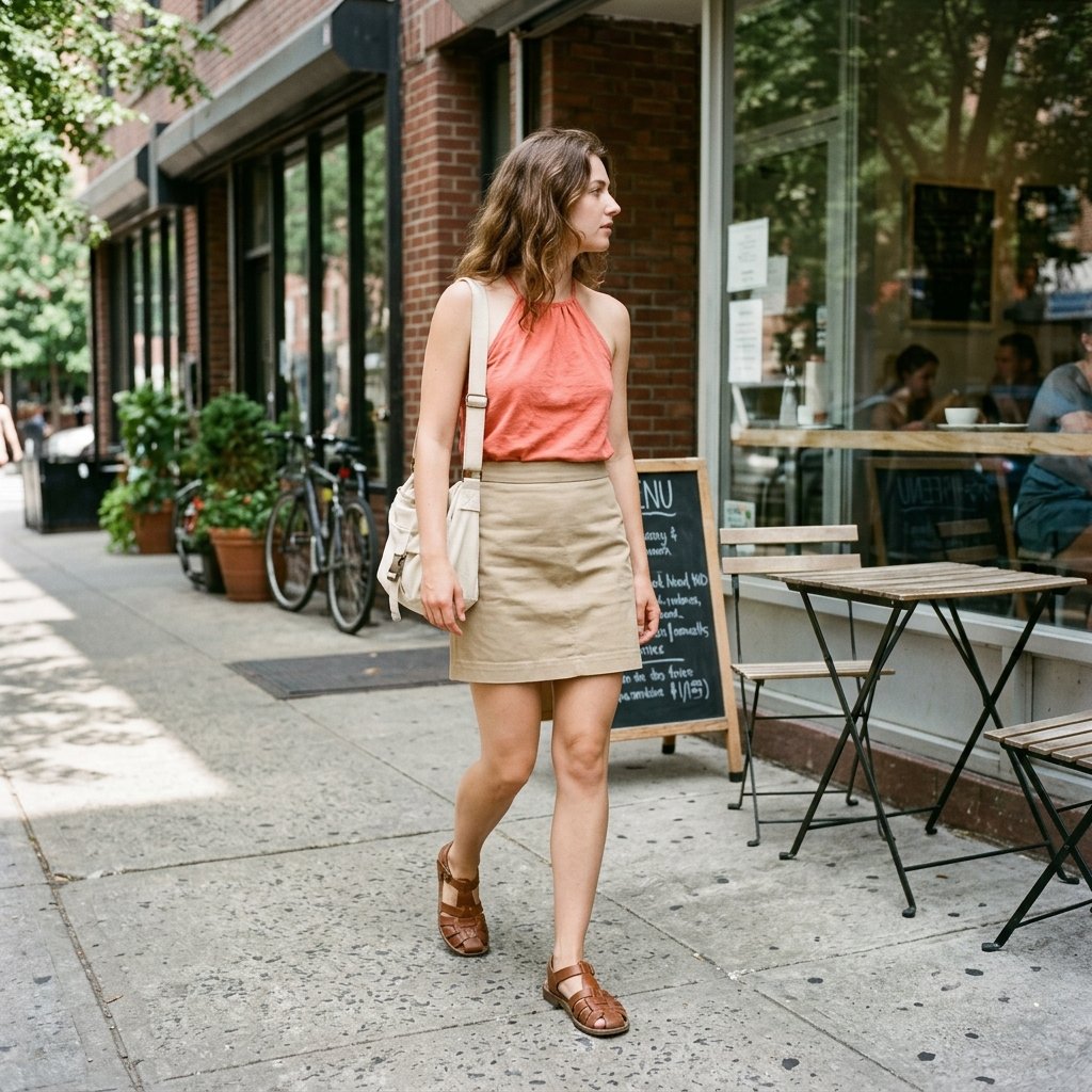 Coral Halter With Khaki A-Line Mini
