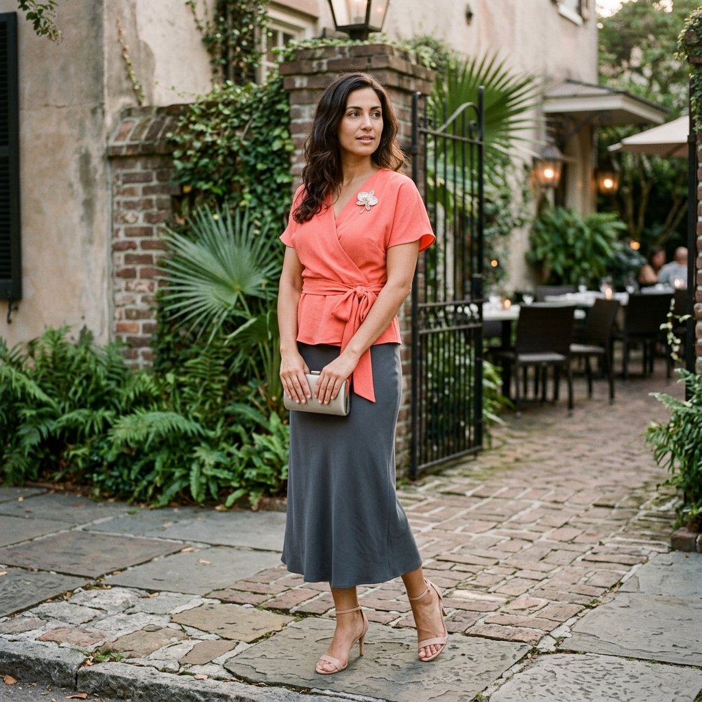 Coral Wrap Top, Flint Skirt, and Crystal Orchid Brooch