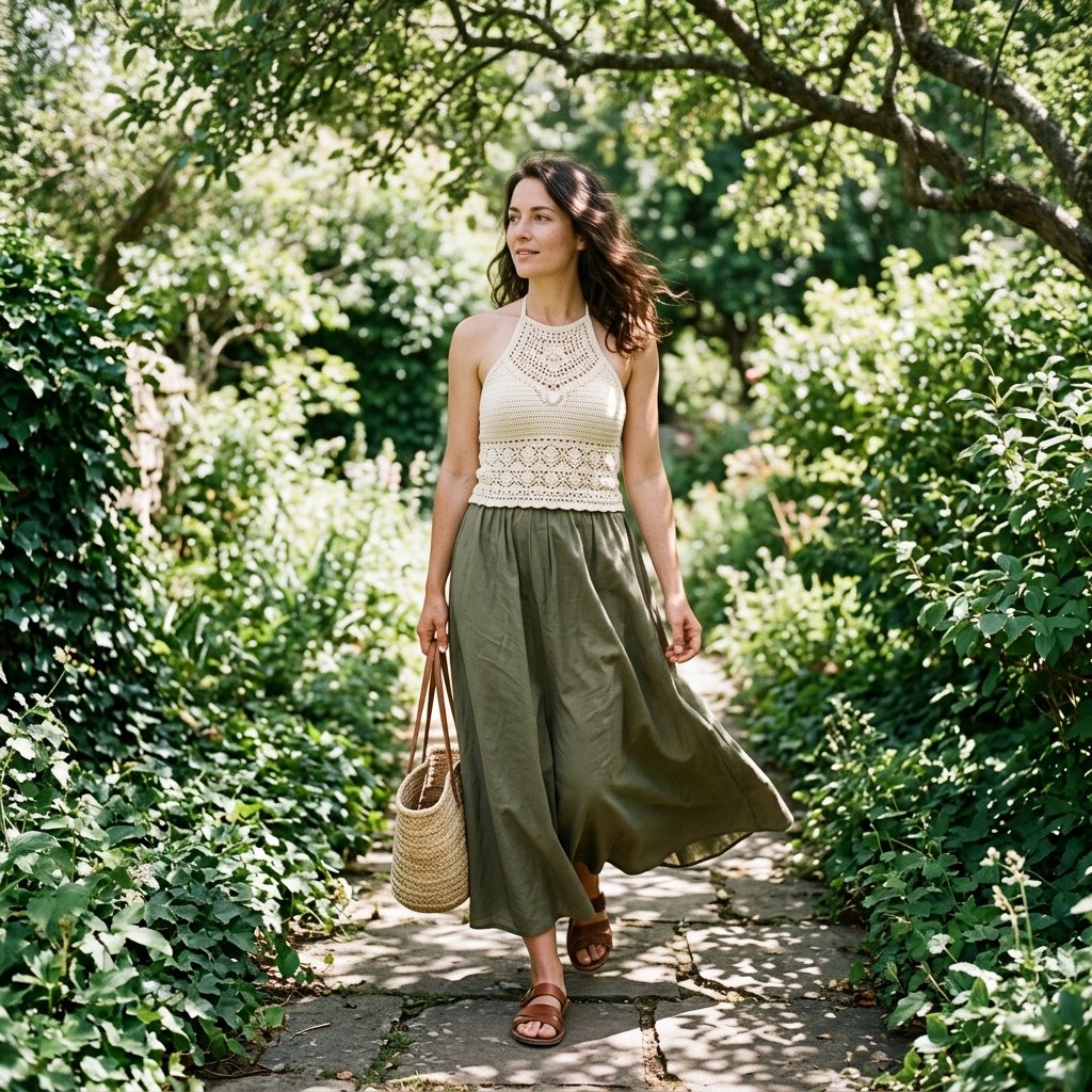 Cream Crochet Halter With Olive Maxi Skirt