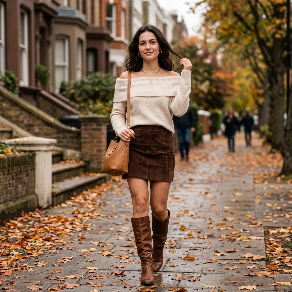 Cream Off-Shoulder Sweater + Brown Mini Skirt + Slouchy Boots