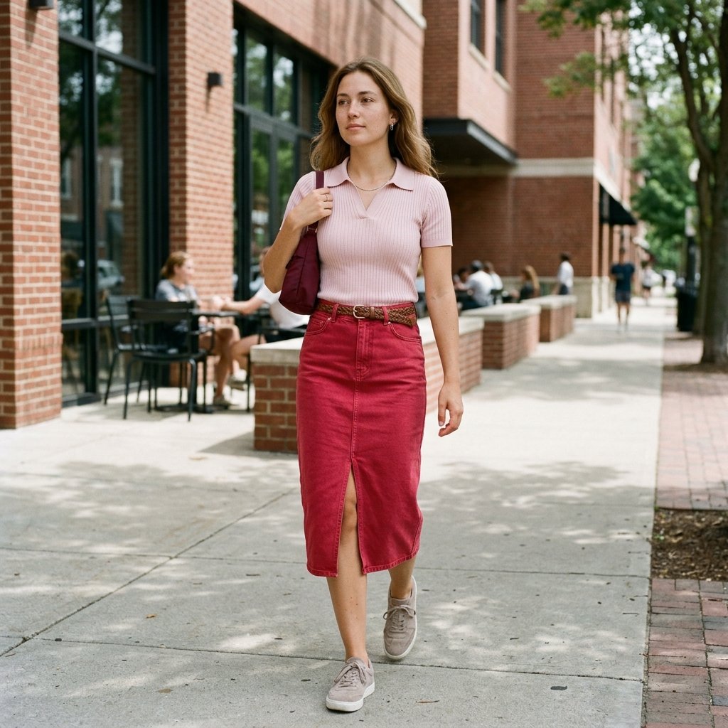 Crimson Denim Midi Skirt with a Powder Pink Polo