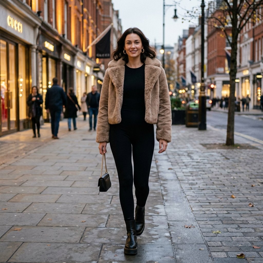 Cropped Faux-Fur Jacket + Black Jumpsuit + Platform Boots