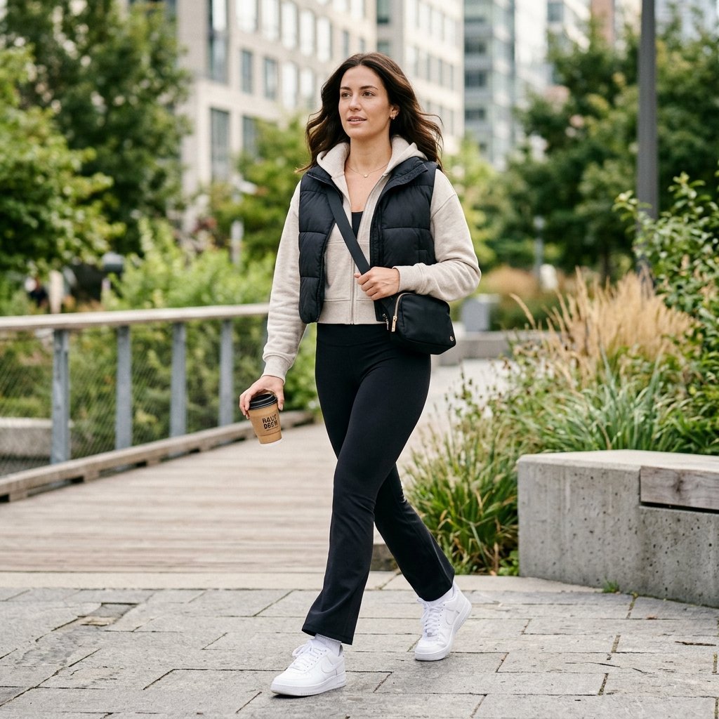 Cropped Hoodie + Flared Leggings + Puffer Vest
