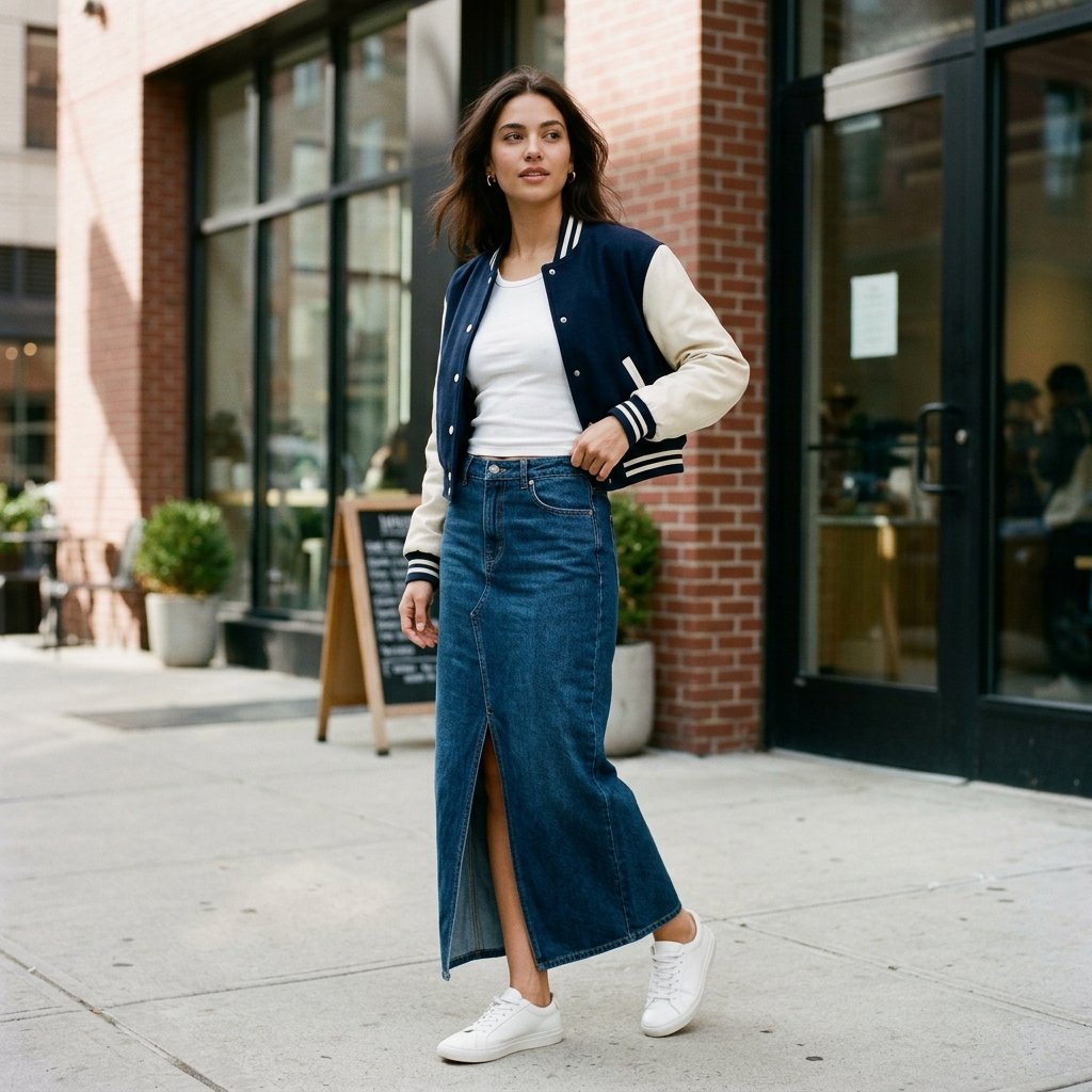 Cropped Varsity Jacket + Ribbed Tank + Denim Maxi Skirt