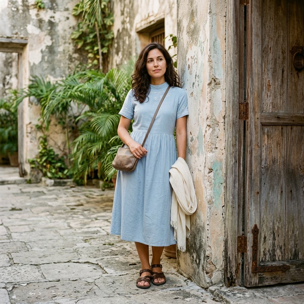 Cultural Sightseeing Outfit With a Modest Cotton Midi Dress