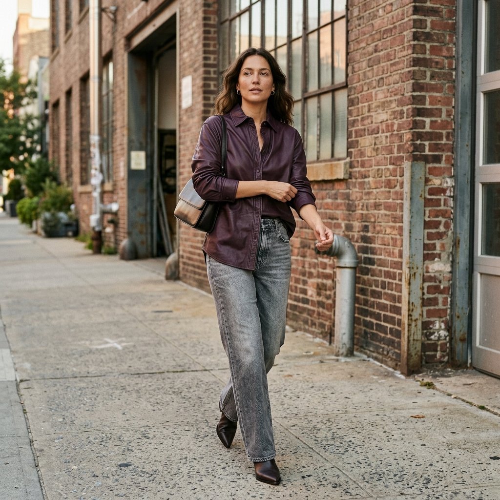 Deep Aubergine Leather Shirt With Ash-Washed Jeans