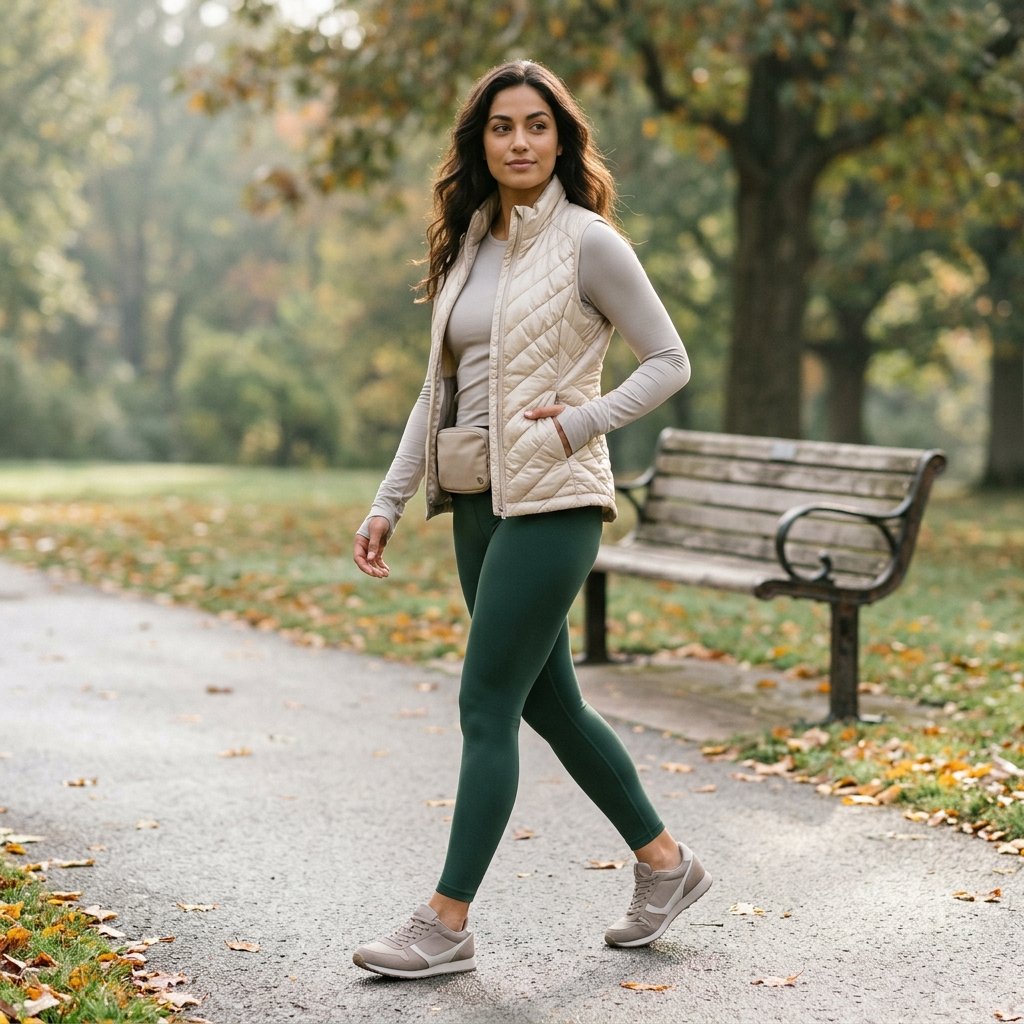 Deep Forest Leggings With a Champagne Athletic Vest