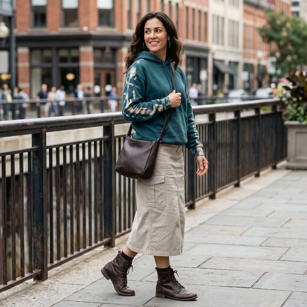 Deep Teal Sleeve-Fade Hoodie + Stone Utility Skirt