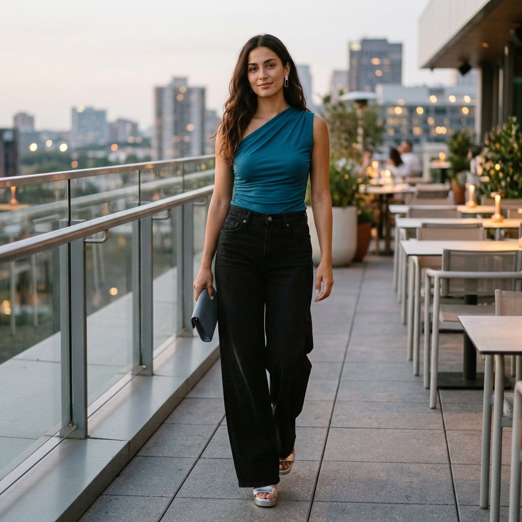 Deep Turquoise Asymmetric Top + Black Palazzo Jeans