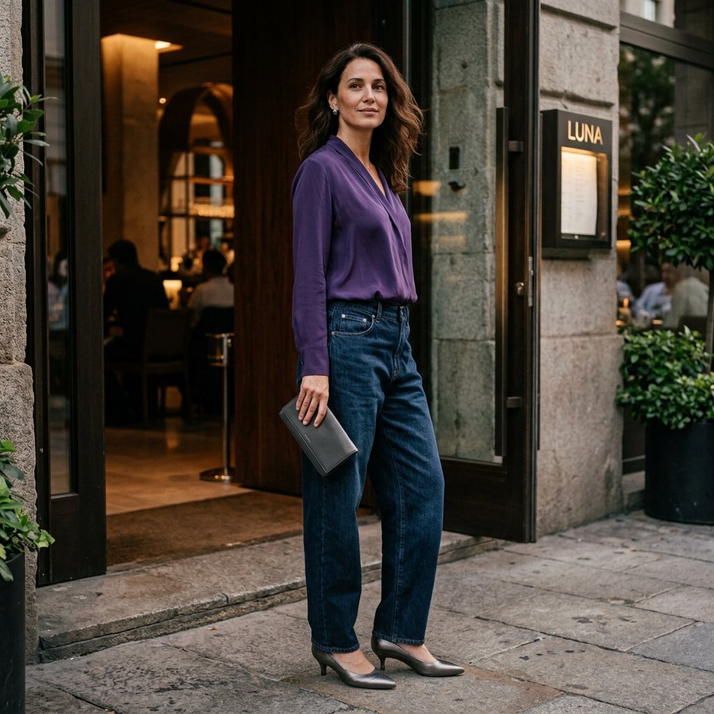 Deep Violet Blouse + Dark Indigo Jeans + Pewter Kitten Heels