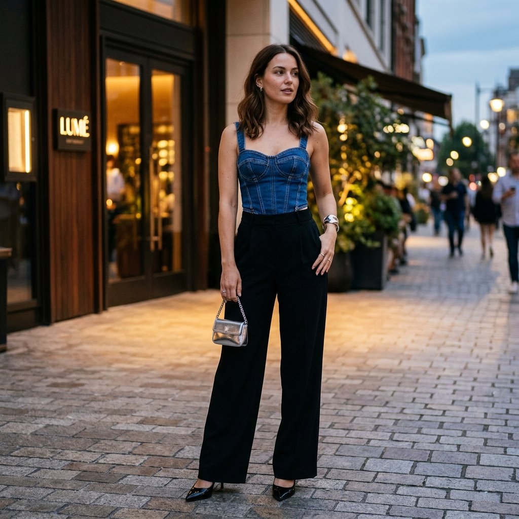 Denim Bustier + Black Wide-Leg Trousers + Pointed Heels