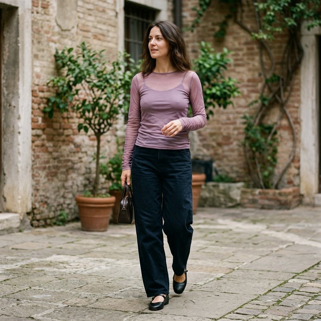 Dusty Orchid Mesh Top With Midnight Denim
