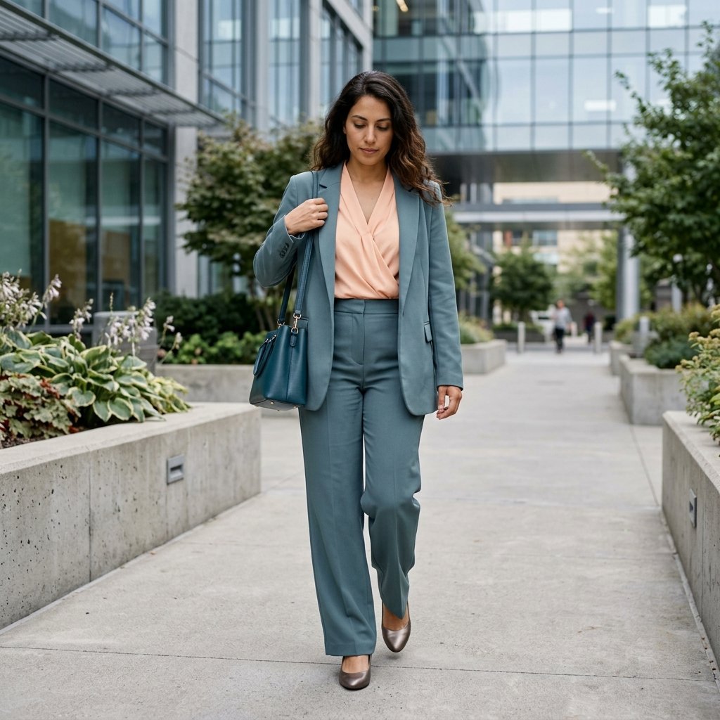 Dusty Teal Suit With a Peach Wrap Blouse