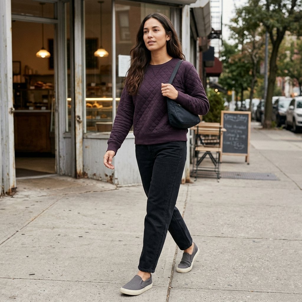 Eggplant Quilted Pullover + Black Barrel Jeans