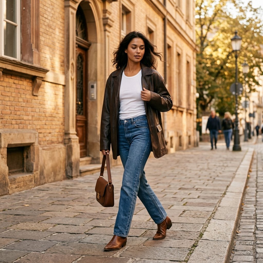 Espresso Faux Leather Jacket + White Tank + Straight-Leg Jeans
