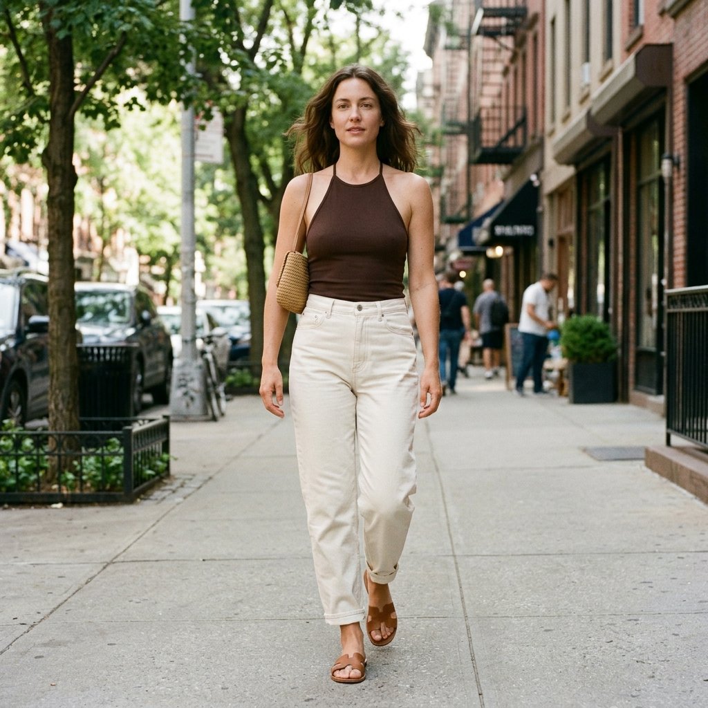 Espresso Halter Top With Ecru Barrel Jeans