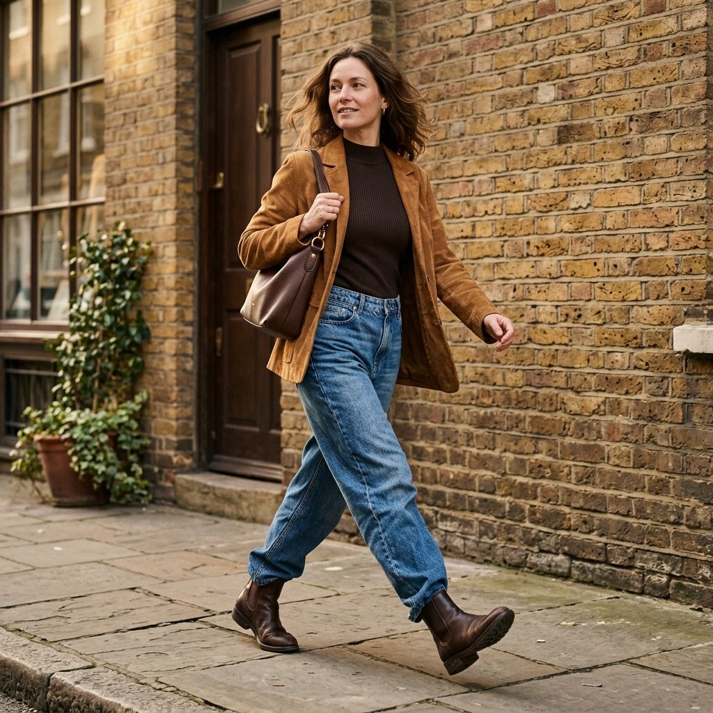 Espresso Mock-Neck Top + Medium-Wash Jeans + Camel Suede Jacket
