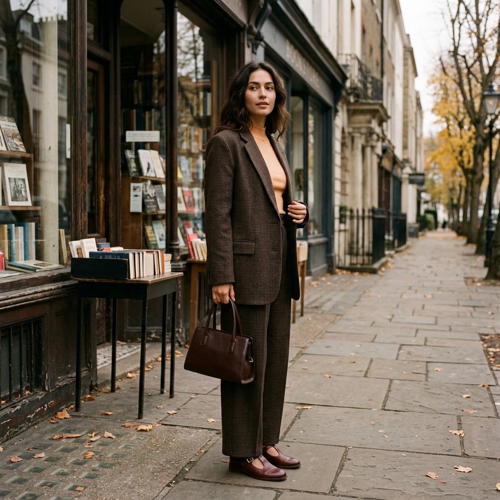 Espresso Plaid Suit With a Soft Apricot Mock-Neck
