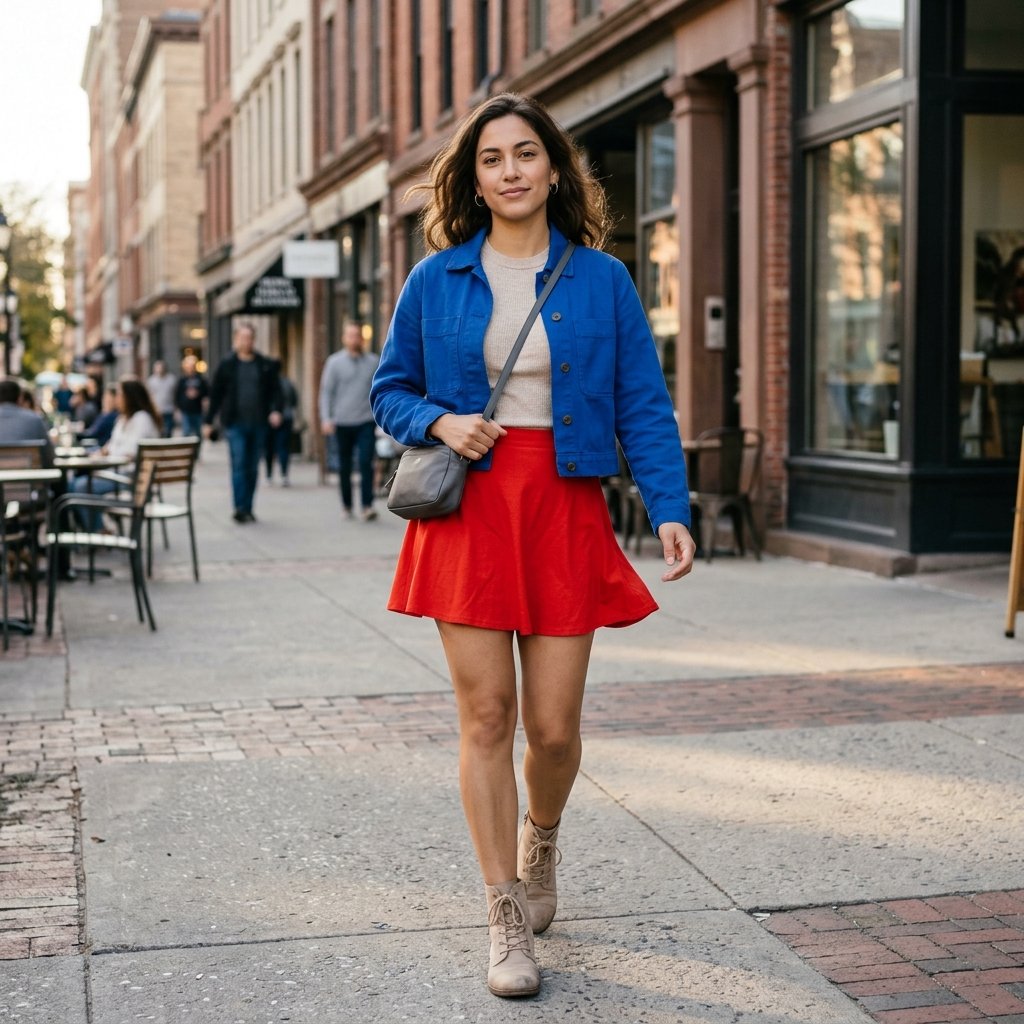 Fire Engine Red Skater Skirt with a Cobalt Cropped Jacket